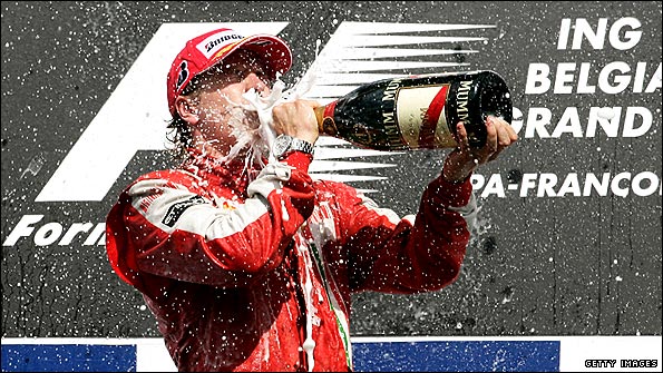 Kimi Raikkonen celebrates his Belgian Grand Prix victory
