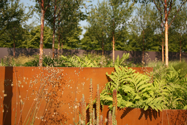 Photo: Briza media - common quaking grass casts a delicate shadow on rusted metal, the colour of which is picked up by Digitalis parviflora 'Milk Chocolate' and contrasted by the green of Onoclea sensibilis - sensitive fern