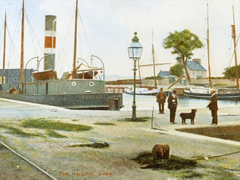 Hand-tinted view of Alloa Harbour, showing men in late Victorian dress standing with a dog on the quayside. A mix of engine powered boats and sailing vessels are moored behind.
