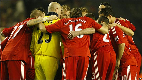 Liverpool go into a pre-match huddle