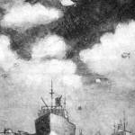 Shipping on the river Thames c. 1940-41, flying anti-aircraft ballons. An engraving by H. E. Etherington