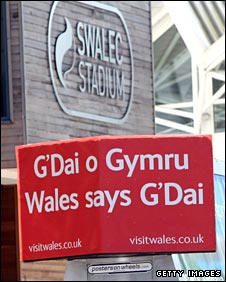 A sign welcoming Aussie fans to Cardiff