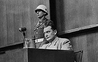 Photo of Hermann Goering being cross-examined at the Nuremberg Trials