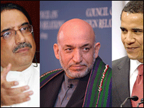 Pakistan lideri Asıf Ali Zerdari, Afganistan lideri Hamid Karzai, ABD lideri Barack Obama 