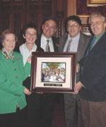 A plaque was presented by the Spanish Government to the British people as thanks for their kindness. From left to right: Helvecia Hidalgo, Natalia Benjamin, Andrew Dismore, Juanito Moreno and Manuel Moreno. 