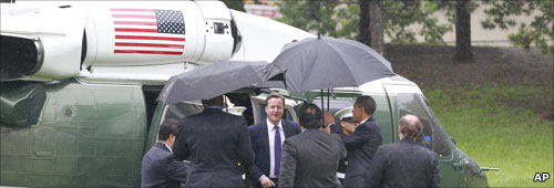 David Cameron and Barack Obama getting off Marine One helicopter