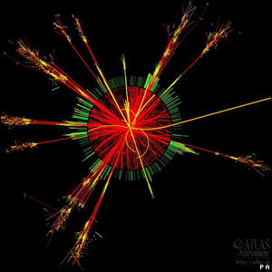 Protons colliding to create a microscopic black hole.