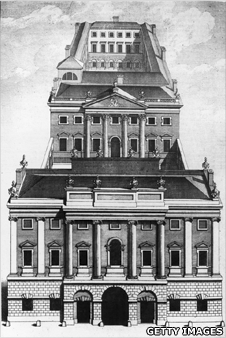 Circa 1735, a columned portico and triangular tympanum at the main entrance to the Bank of England, from Maitland's 'London'