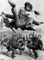 Kicking Gladstone over the Home Rule Bill in a cartoon 1886 (Getty Images/Hulton|Archive)