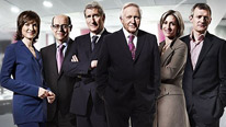 BBC TV's General Election 2010 presenting team: L-R Fiona Bruce, Nick Robinson, Jeremy Paxman, David Dimbleby, Emily Maitlis and Jeremy Vine