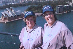 Pauline Jones and friend on the top of Sydney Harbour Bridge