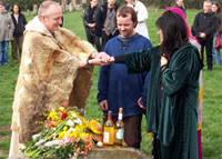 Modern Druids, including Emma Restall Orr of the British Druid Order, in a handfasting ceremony at Avebury stone circle