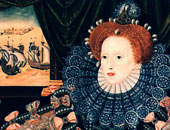 Queen Elizabeth I of England in a portrait commemorating the defeat of the Spanish Armada. The ships are seen in the background