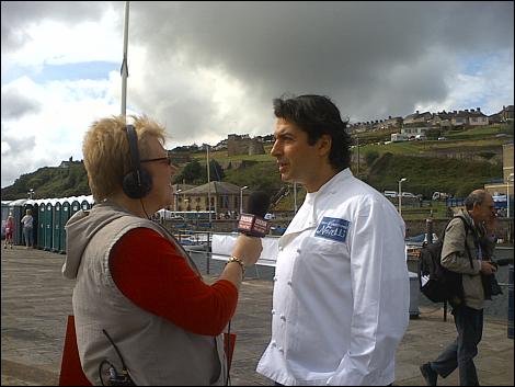 BBC Radio Cumbria's Val Armstrong interviewing celebrity chef Jean-Christophe Novelli at the Whitehaven Food Festival, Saturday 8th August 2009.