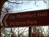 Sign to De Montfort Hall and Victoria Park