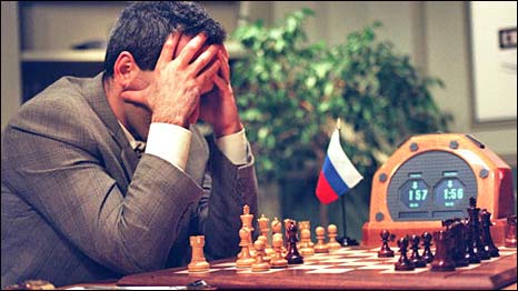 Chess champion Garry Kasparov ponders his moves against the IBM computer Deep Blue