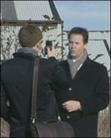 Nick Clegg records his web diary on a mobile phone