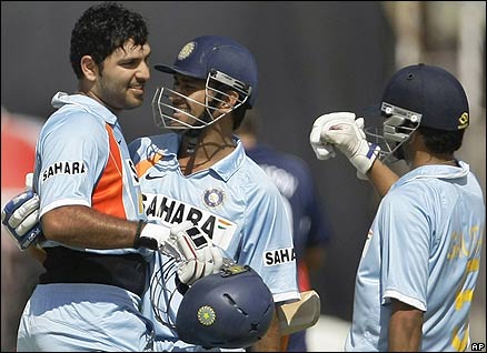 India's Yuvraj Singh scores a century with a runner