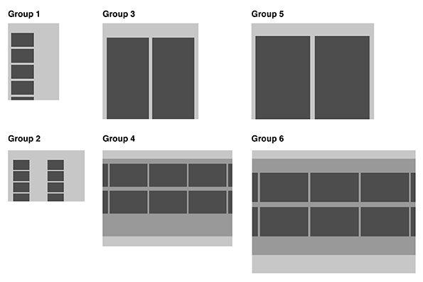 Rough wireframes of the different designs for the different groups.