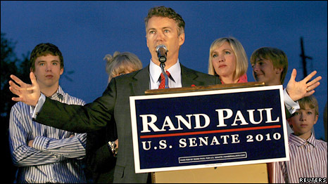 Rand Paul gives his victory speech after winning the Senate Republican primary election in Bowling Green, Kentucky 