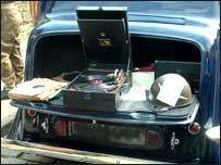 gramaphone player in back of car