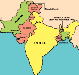 Partition of India in 1947 - the areas in red show the regions of conflict at the time of partition