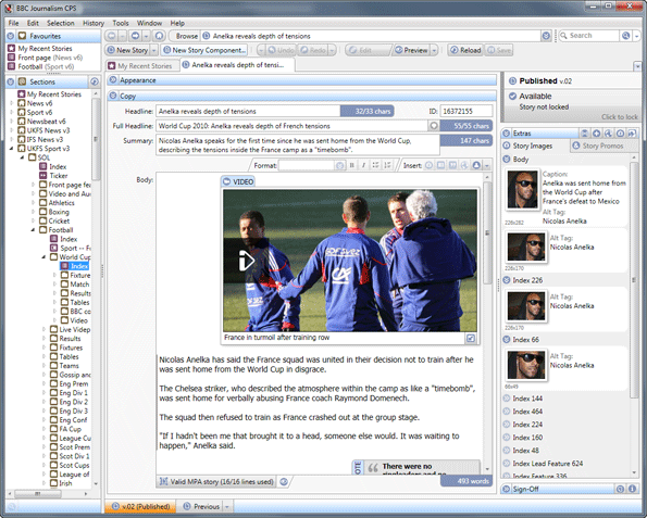 Editing interface with a story, including embedded video, being edited.