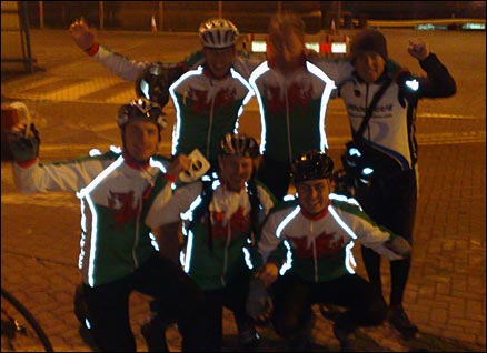 The happy band celebrate their successful arrival