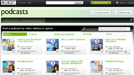 Screenshot of Radio 2 podcasts page