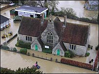 Aerial shot of a flooded school