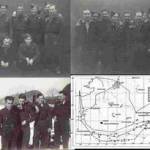 Above, some of the crew of Lancaster SR-V2 with unidentified faces and below left the crew, John Moore, Albert Tuuri, Eric Brown, Thomas Crane and John Hodgson. Bottom right, the annotated Operation Report from the RAF Night Operations on Stuttgart July 28th-29th 1944 when they failed to return.