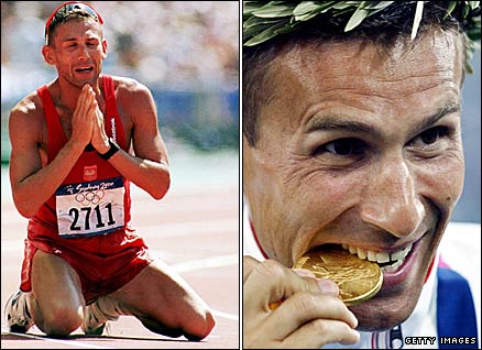 Poland's Robert Korzeniowski winning two of his three 50km walking gold medals, in Sydney (left) and Athens