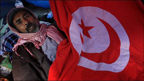 Hunger striker Mouhamed Ayouni protests outside the prime minister's office, January 2011, as part of the country's 'Jasmine Revolution'. Photo by Christopher Furlong/Getty Images