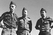 Three young men in Second World War American army uniform: (left to right) Fred W. Thissen, Ernest Pine and Jacob Rothschild