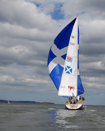 Edinburgh Inspiring Capital flying a Saltire spinnaker on the River Forth