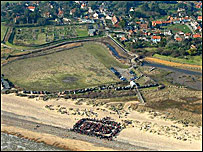 Overhead view of Walberswick and SOS on the beach