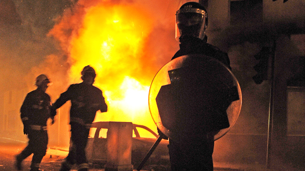 Police on the streets of Croydon, South London, amid the riots