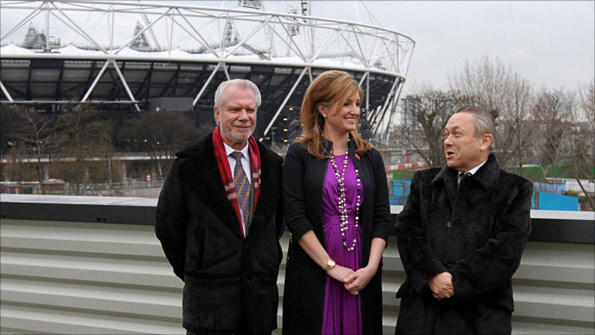 West Ham owners David Gold and David Sullivan and vice chairman Karren Brady celebrate their winning bid in February 2011