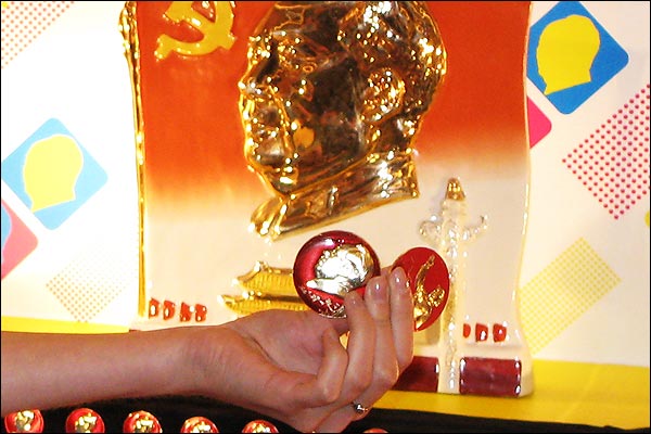 模特手持兩枚毛澤東像章(28/6/2009)