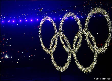 The Olympic rings at the Beijing opening ceremony