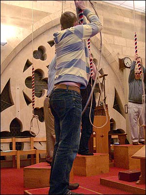 Bell ringers in York Minster's ringing chamber