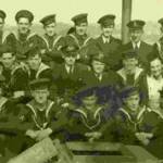 The Crew of HMSS Wyoming including the Officers - Frederick Oliver is second from the right on the back row. This card was sent to his Grandma who was in Blackpool in 1944