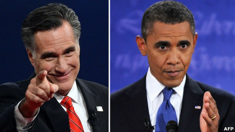 美國現任總統奧巴馬與共和黨總統候選人羅姆尼(03/10/2012)