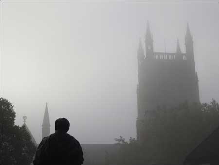 The Elgar statue in the mist