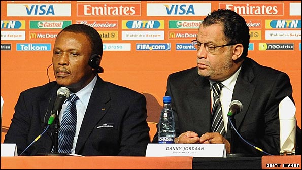 Khoza and Jordaan answer questions at a 2010 World Cup news conference in Cape Town