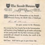 Pre printed “Thank you” from the Commander of the Second Division for efforts during the war! Issued to Geoff Morris 1946.
