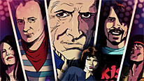 Graphic illustrations of Jim Morrison (foreground), Meg White, Phil Collins, Keith Richards, Dave Grohl and Jimi Hendrix