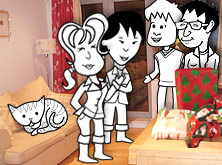 Alice, Helen, Tim and Khalid in the living room