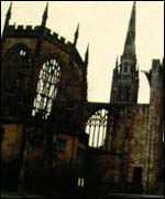 Coventry Cathedral at dusk.