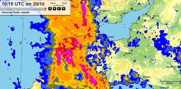 This Met Office rainfall radar image shows the extent and rate of precipitation falling recently in a band across parts of Somerset, Devon and Cornwall (Photo: Via Met Office MBS System)